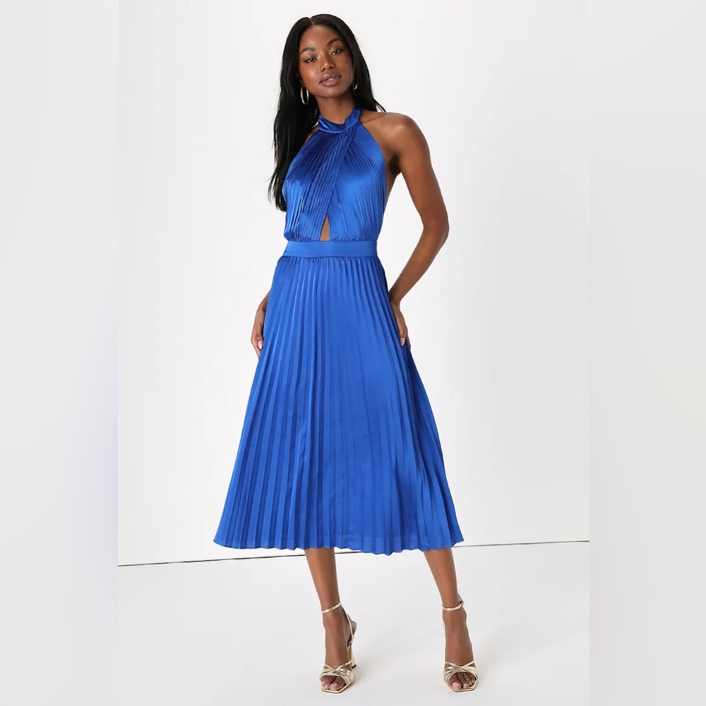 Lulu's Royal Blue Halter Pleated Midi Dress